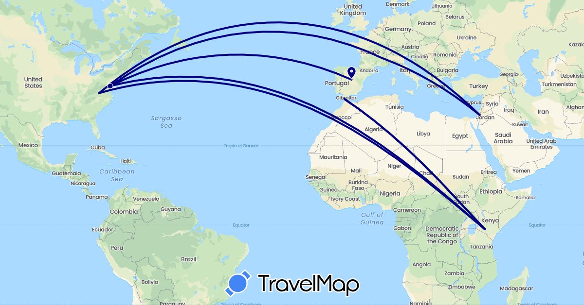 TravelMap itinerary: driving in Spain, France, Israel, Kenya, Morocco, United States (Africa, Asia, Europe, North America)